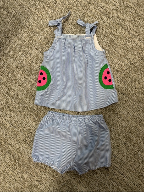 Florence Eiseman Other - Florence Eiseman Blue and Pink Watermelon Applique Striped Kids Matching Set